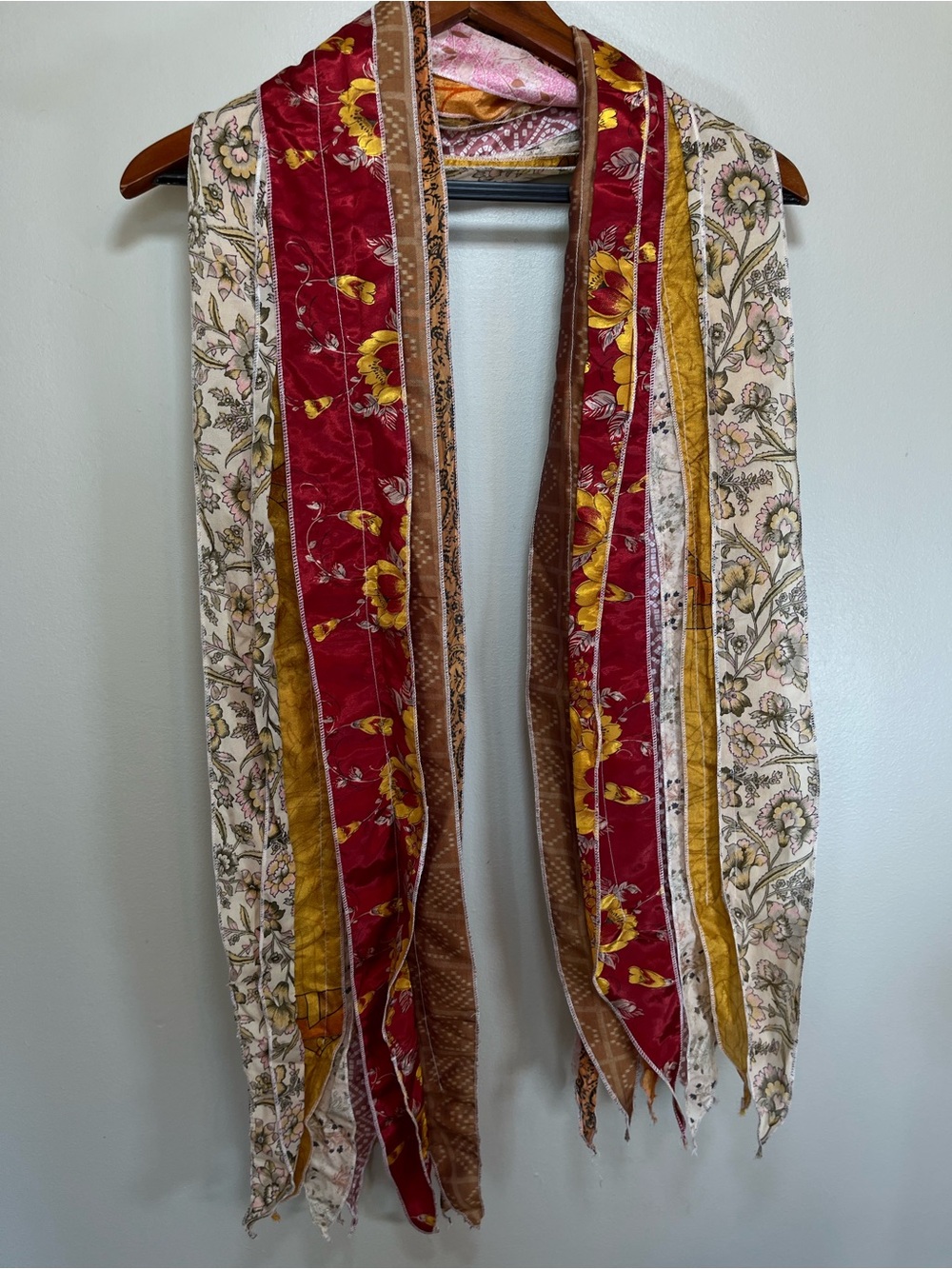 Upcycled Indian Silk Sari Scarf Long Patchwork Boho Shawl Stole Multicolor